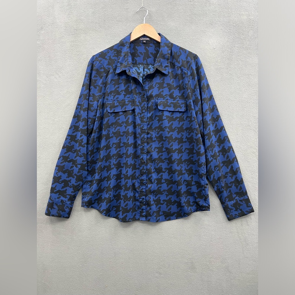 Gianetta Women’s Large Blue Black Houndstooth Long Sleeve Blouse